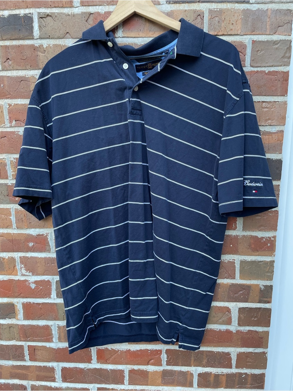 Budweiser Tommy Hilfiger Men’s Navy Blue Striped Polo Shirt